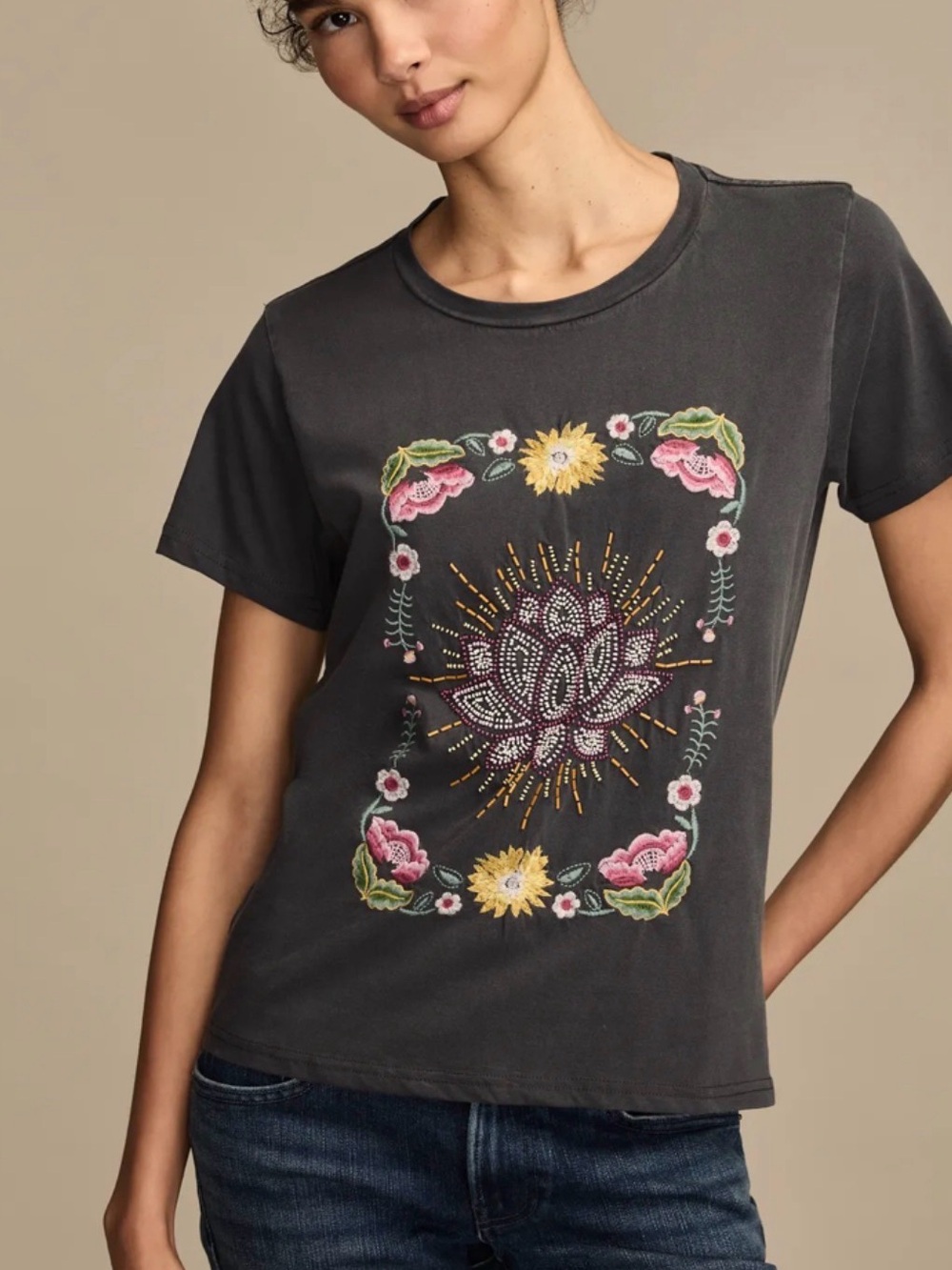 Lucky Brand Beaded & Embroidered Lotus Tee- Charcoal